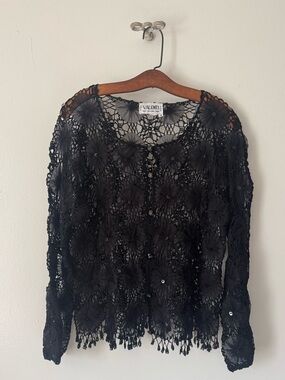 Vintage Black Crochet Lace Cardigan with Mesh inserts and Beaded Hem.
